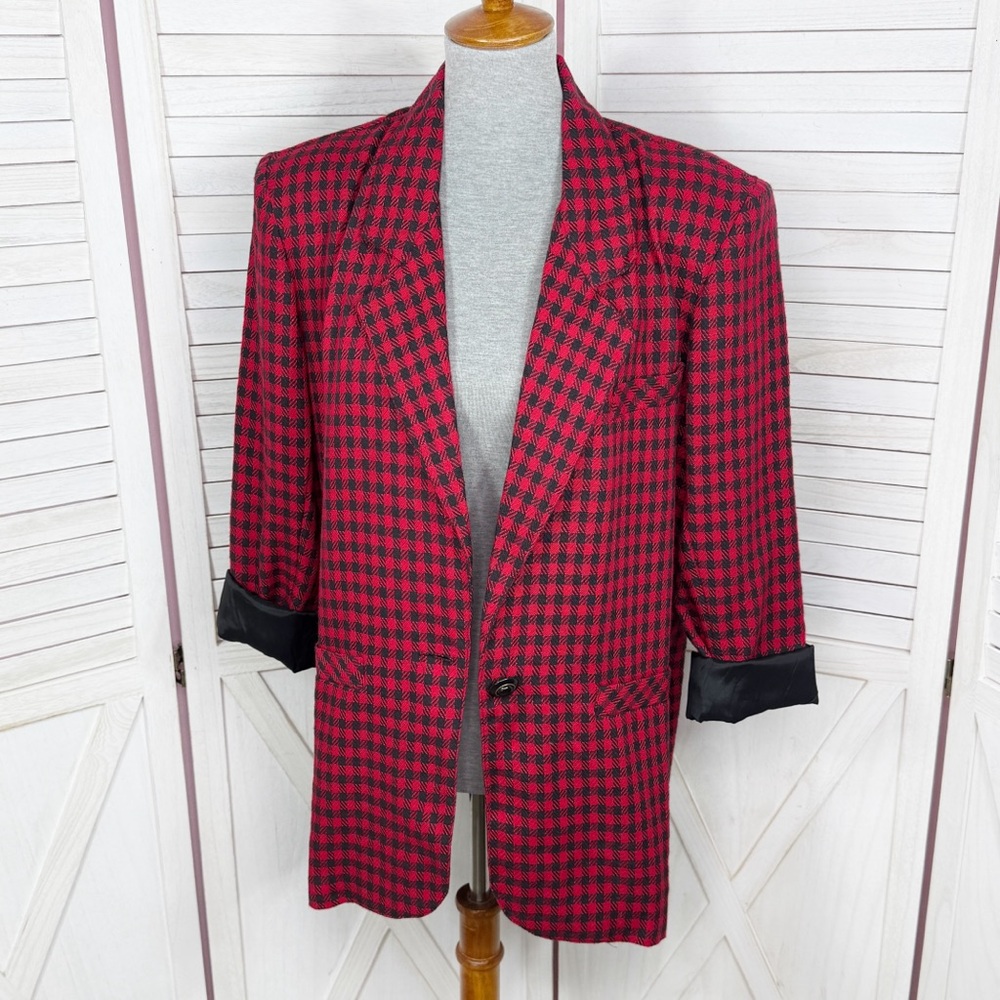 Vintage Chad Stevens Blazer Women 12  Red Black Buffalo Check Long Boyfriend